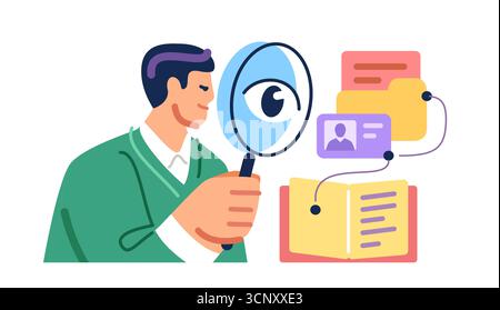 Businessman holding magnifying glass to find files, looking and analyzes documents. File search, inspection of archives Stock Vector