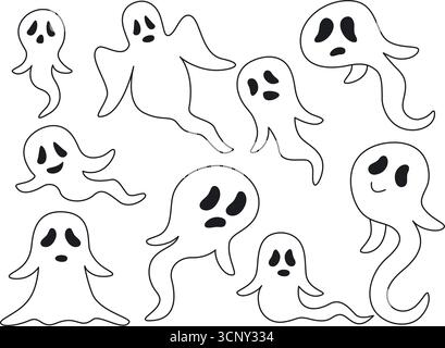 Halloween ghosts in doodle sketch style. Set of ghosts with different emotions and poses. Souls, hand drawn vector illustration Stock Vector
