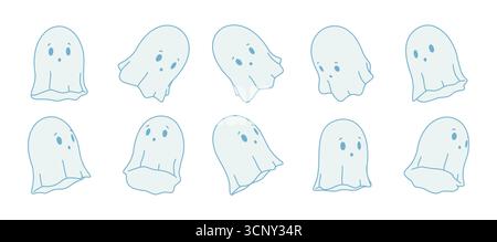 Flat line art illustration of cute blue ghosts in different isometric angles and perspectives. Minimal 3D effect, Halloween, spooky or cartoon Stock Vector
