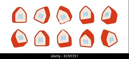 Flat line art illustration of red houses with blue windows in different isometric angles and perspectives. Minimal 3D effect, real estate, home Stock Vector