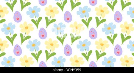 Multicolored Flowers on stem with leaves and Eggs with Hearts Decor Seamless Pattern Banner Format. Isolated Vector illustration Easter Holiday or Seasonal Floral Backdrop Leaflets, banner, label, tag Stock Vector