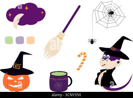 Halloween Characters and Design elements Pumpkin and Snake in Witch Look Broom Spider and Web Bundle. Isolated Vector illustrations Halloween Greeting Themed Cards Party invite Banner, leaflets, label Stock Vector