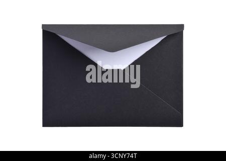 Opened black paper envelope with paper sheet isolated on white background Stock Photo
