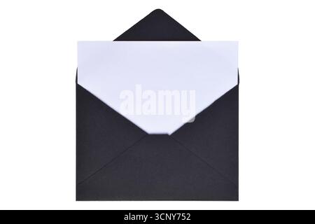 Opened black paper envelope with paper sheet isolated on white background Stock Photo
