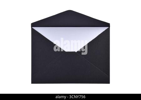 Opened black paper envelope with paper sheet isolated on white background Stock Photo
