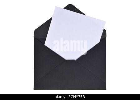 Opened black paper envelope with paper sheet isolated on white background Stock Photo