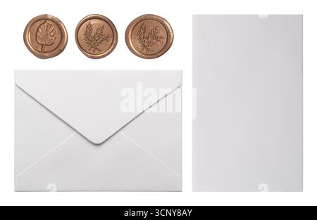 Set of white envelopes and wax seal stamps isolated on white background Stock Photo