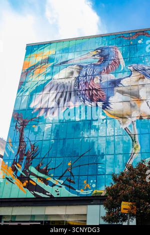 Colourful mural of tri-coloured heron painted on multi-story building exterior in chinatown manchester showcasing vibrant urban street art by Peachzz Stock Photo