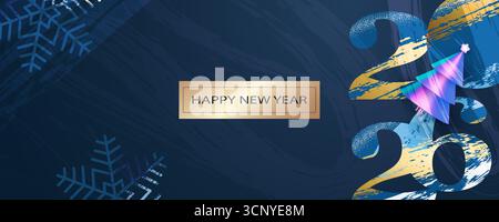 Festive banner with the inscription Merry Christmas and Happy New Year and numbers executed in ink strokes. Christmas tree. Illustrations for greeting Stock Vector