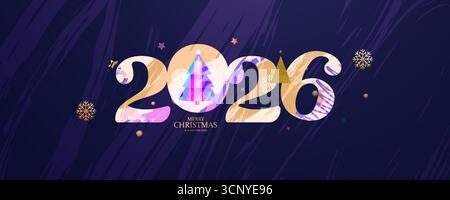 Festive banner with the inscription Merry Christmas and Happy New Year and numbers executed in ink strokes. Christmas tree. Illustrations for greeting Stock Vector