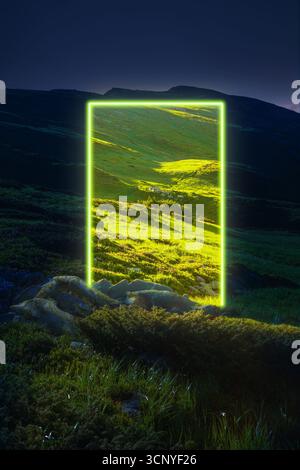 Bold vibrant poster. Neon portal opening to glowing valley at night as creative branding concept Stock Photo