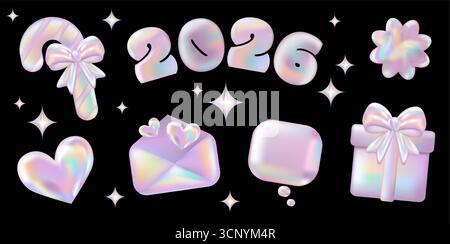 3d holographic New Year stickers set. Pink Chrome Envelope, Candy Cane, Heart, Gift box, Speech bubble, Flower, 2026 in Y2K style. Future galaxy aesthetic, 3D chrome bubble art. Metal glossy sticker set. Stock Vector