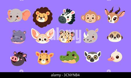 Cute Safari Animal Faces Vector Set Cartoon Icons Stock Vector