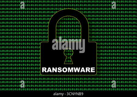 A digital padlock with a Ransomware text overlay, displayed against a green background filled with flowing streams of binary code Stock Photo