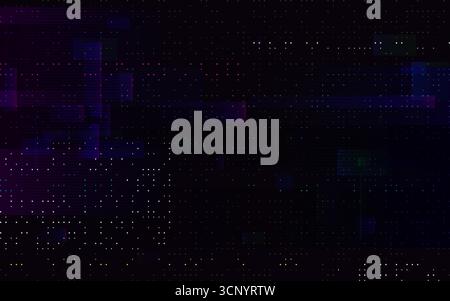 Glitch texture with digital dots. Glowing lines and distorted pixel noise. Cyberpunk style background. Futuristic data error effect. Dark abstract tec Stock Vector