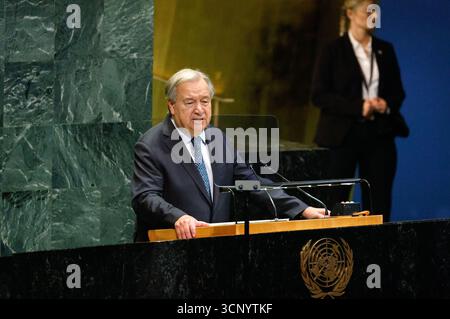 New York, United States. 23rd Sep, 2025. Secretary-General of the United Nations Antonio Guterres speaks at the start of the 80th session General Debate in the UN General Assembly Hall at the United Nations Headquarters on Tuesday, September 23, 2025 in New York City. Photo by Peter Foley/UPI Credit: UPI/Alamy Live News Stock Photo