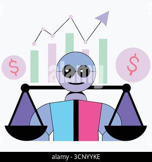 Robot with balance scales and financial data chart, artificial intelligence justice and business concept illustration Stock Vector