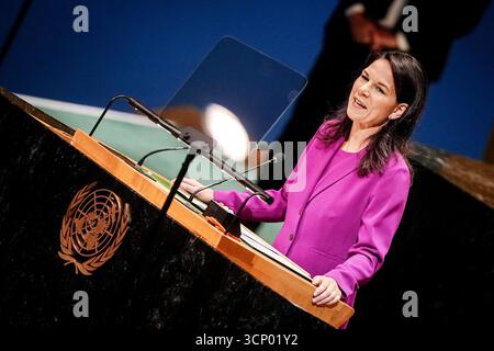 New York, USA. 23rd Sep, 2025. Annalena Baerbock, President of the United Nations General Assembly, speaks at the General Debate of the UN General Assembly. Over 140 heads of state and government are expected to attend the world's largest diplomatic event over several days. Credit: Kay Nietfeld/dpa/Alamy Live News Stock Photo