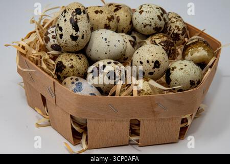 Fresh quail eggs in eco-friendly basket with straw on white background. Concept of organic farming, healthy eating, and natural food products. Stock Photo
