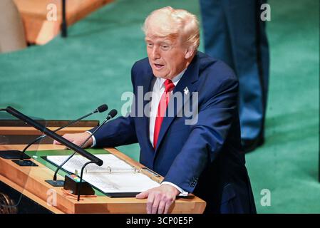 New York, United States. 23rd Sep, 2025. United States President Donald J Trump addresses the United Nations General Assembly at United Nations Headquarters in New York, New York, USA on 23 September, 2025.Photo by Kyle Mazza/CNP/ABACAPRESS.COM Credit: Abaca Press/Alamy Live News Stock Photo