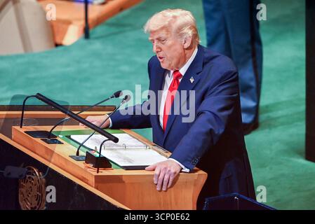 New York, United States. 23rd Sep, 2025. United States President Donald J Trump addresses the United Nations General Assembly at United Nations Headquarters in New York, New York, USA on 23 September, 2025.Photo by Kyle Mazza/CNP/ABACAPRESS.COM Credit: Abaca Press/Alamy Live News Stock Photo