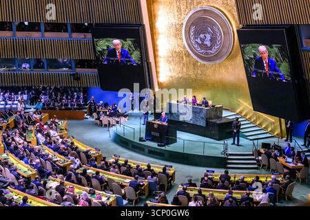 New York, 23rd Sep 2025. United States president Donald Trump addresses the opening session of the General Debate at the 80th Session of the United Nations General Assembly. Credit: Enrique Shore/Alamy Live News Stock Photo
