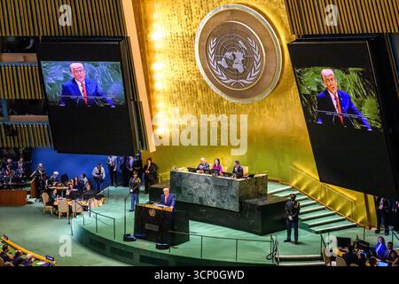 New York, 23rd Sep 2025. United States president Donald Trump addresses the opening session of the General Debate at the 80th Session of the United Nations General Assembly. Credit: Enrique Shore/Alamy Live News Stock Photo