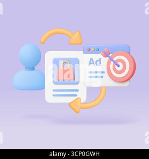 Digital marketing retargeting process with user profile, shopping ad, and target symbol on purple background for online advertising strategy isolated vector illustration Stock Vector