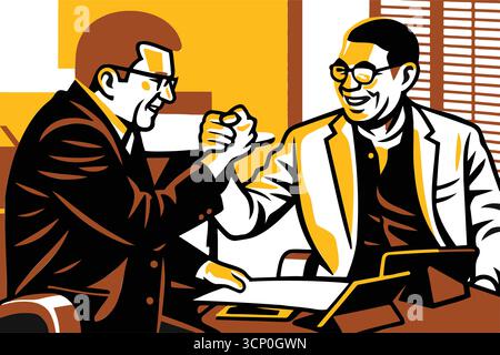 Two businessmen celebrate a successful deal with a cheerful handshake in a modern office environment. Stock Vector
