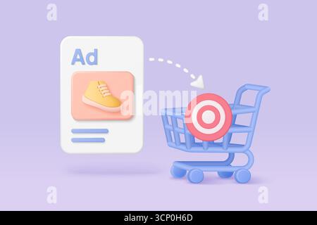 Digital marketing concept showing ad retargeting with a shopping cart and target symbol for ecommerce, conversion, and online advertising on isolated purple background vector illustration Stock Vector