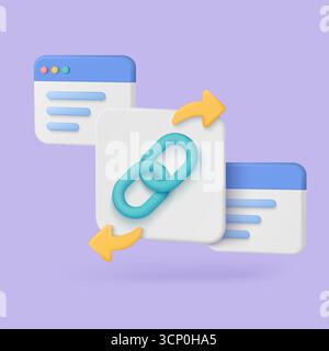 Modern 3D backlink icon with web browser windows and arrows representing SEO link building and website optimization on a purple background for digital marketing vector illustration Stock Vector