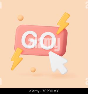 Bold 3D go button with lightning bolts and cursor on pastel background perfect for website call-to-action marketing or app interface vector illustration Stock Vector