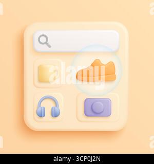 Modern 3d catalog search interface showing shoe mug headphones camera icons on soft pastel isolated background for online shopping ecommerce and digital product browsing vector illustration Stock Vector