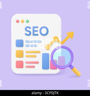 SEO ranking tracking analytics with magnifying glass, upward arrow, and colorful charts for Google search optimization on isolated background vector illustration Stock Vector