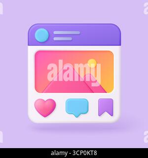 Colorful 3d instagram post interface with heart like comment and bookmark icons perfect for social media marketing branding and digital content design vector illustration Stock Vector