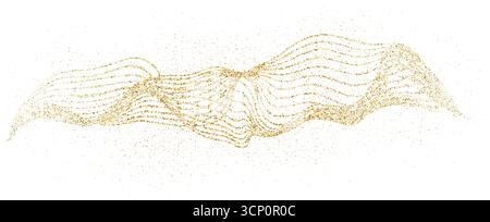 Golden curved dashed gradient net. Dynamic golden waves with small particles. Abstract stipple flow, shine undulate pattern. Vector dotted flying part Stock Vector