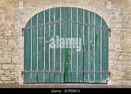 Large old green wooden gate with integrated small door Stock Photo