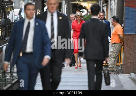 New York, USA. 23rd Sep, 2025. Queen Mathilde of Belgium and Vice-prime minister and Minister of Foreign Affairs Maxime Prevot pictured in the streets of New York on the way to United-Nations headquarters during the week of the 80th session of the United Nations General Assembly (UNGA80), in New York City, United States of America, Tuesday 23 September 2025. BELGA PHOTO TONY BEHAR Credit: Belga News Agency/Alamy Live News Stock Photo