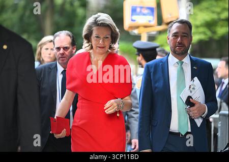 New York, USA. 23rd Sep, 2025. Queen Mathilde of Belgium and Vice-prime minister and Minister of Foreign Affairs Maxime Prevot pictured in the streets of New York on the way to United-Nations headquarters during the week of the 80th session of the United Nations General Assembly (UNGA80), in New York City, United States of America, Tuesday 23 September 2025. BELGA PHOTO TONY BEHAR Credit: Belga News Agency/Alamy Live News Stock Photo