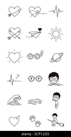 Set of simple, handdrawn doodle icons representing love, travel, nature, and everyday life, isolated on a Stock Vector