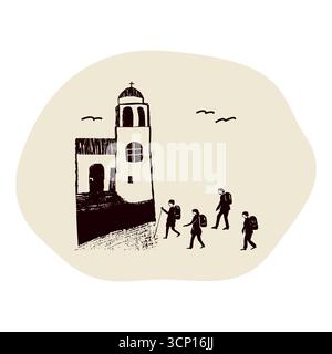 Clipart of pilgrim group walking on path to sanctuary beacon church. Country landscape drawing for Canterbury pilgrims way or Camino religious Stock Vector