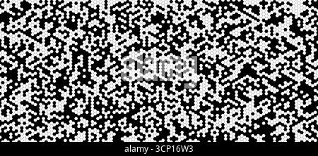 Black White Hexagon Cellular Pattern Texture Background. Abstract Tech Backdrop, Honeycomb Noise BG For Covers, Wallpaper, Packaging, And Sci-Fi Stock Vector