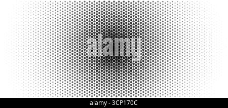Abstract Halftone Hexagon Background, Monochrome Honeycomb Tunnel Fading To Dotted Gradient With Central Focus And Copy Space. Modern Geometric Tech Stock Vector