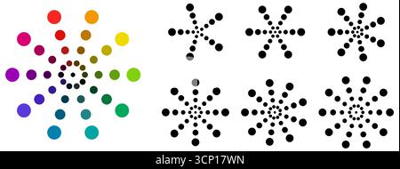 Set of small circles sunburst or star radiating from centre forming one larger round object, version with 5 to 10 rays Stock Vector