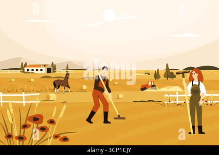 Agricultural workers are working on a farm landscape with a tractor plowing the fields, a horse grazing, hay bales, and a farmhouse in the background Stock Vector