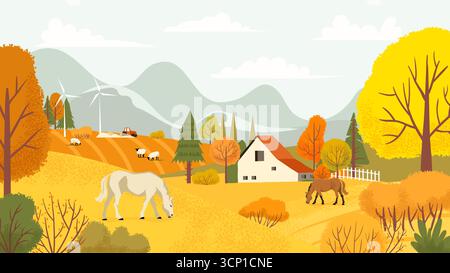 Idyllic autumn farm landscape featuring horses and sheep grazing amid colorful fall foliage, wind turbines generating clean energy, and a tractor Stock Vector