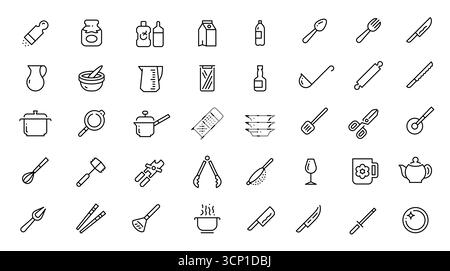 Comprehensive set of line icons depicting various cooking ware, kitchen utensils, and tableware, symbolizing culinary activities, food preparation Stock Vector