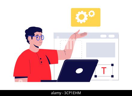 Software developer is working on a web development project using his laptop, managing settings such as gears and text, using a software and pointing Stock Vector