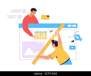 Programmers working together developing website, adding code and design elements using large ruler and pen tool, software development process Stock Vector