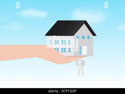 Hand Holding House and Key. House Real Estate Property. House Loan, Mortgage or Renting House Concept. Vector Illustration. Stock Vector